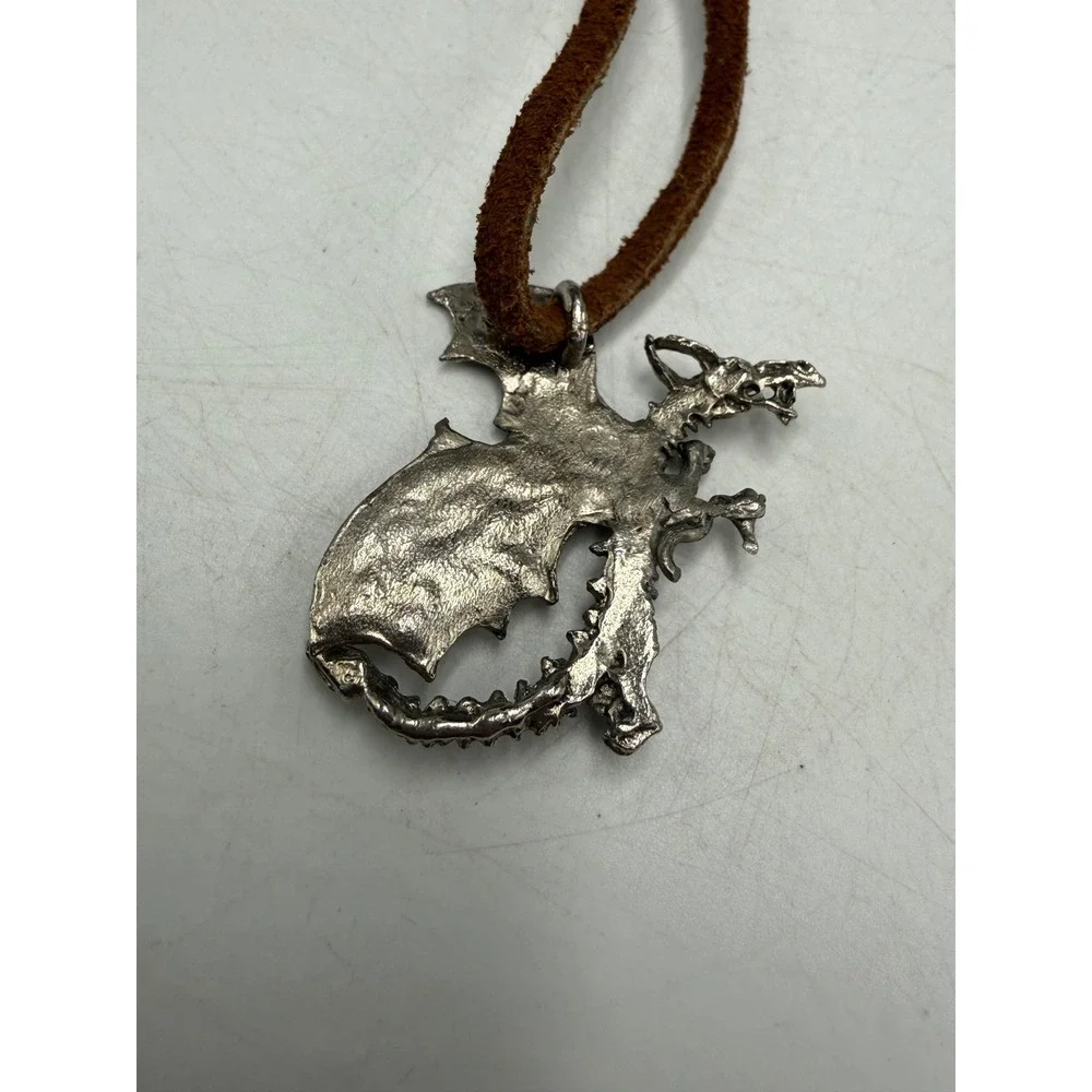 Vintage Pewter Dragon Pendant Necklace Brown Suede Cord Gothic Fantasy Mythical
